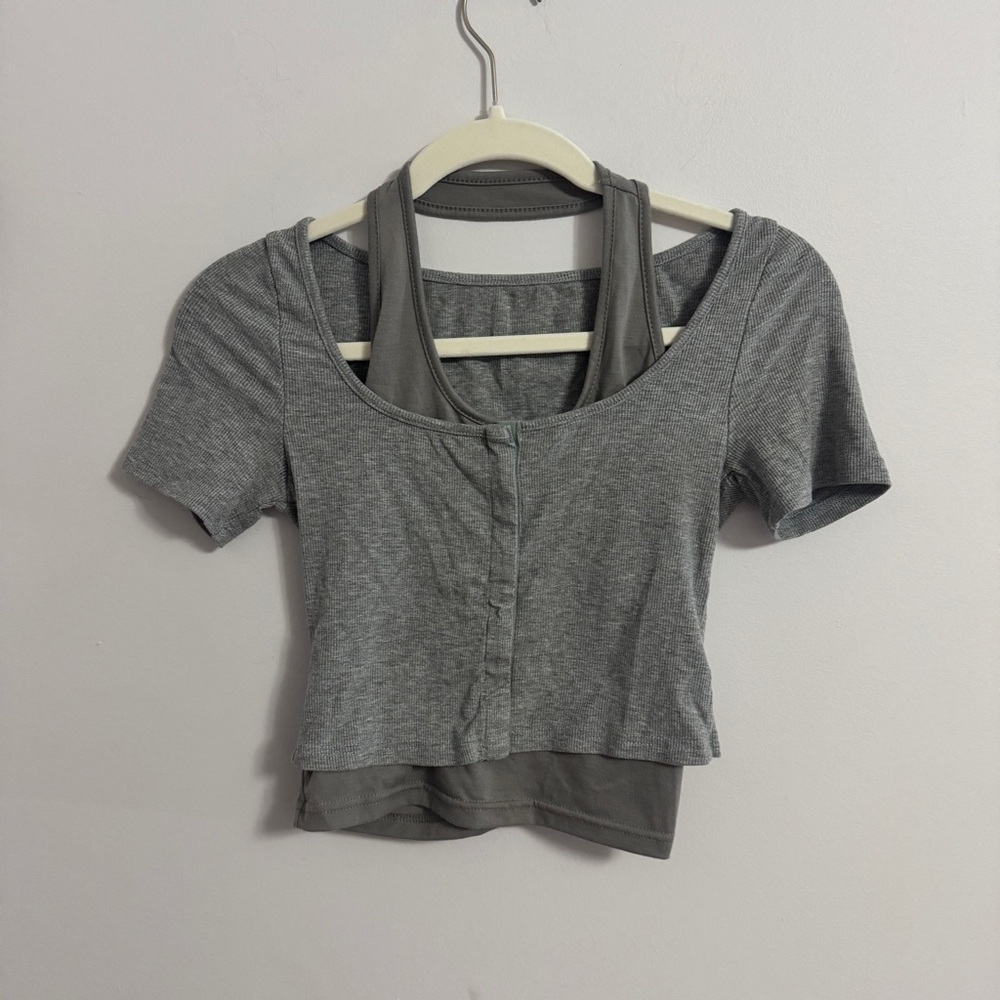 Acubi style 2 piece Gray button Crop Top with halter neck top